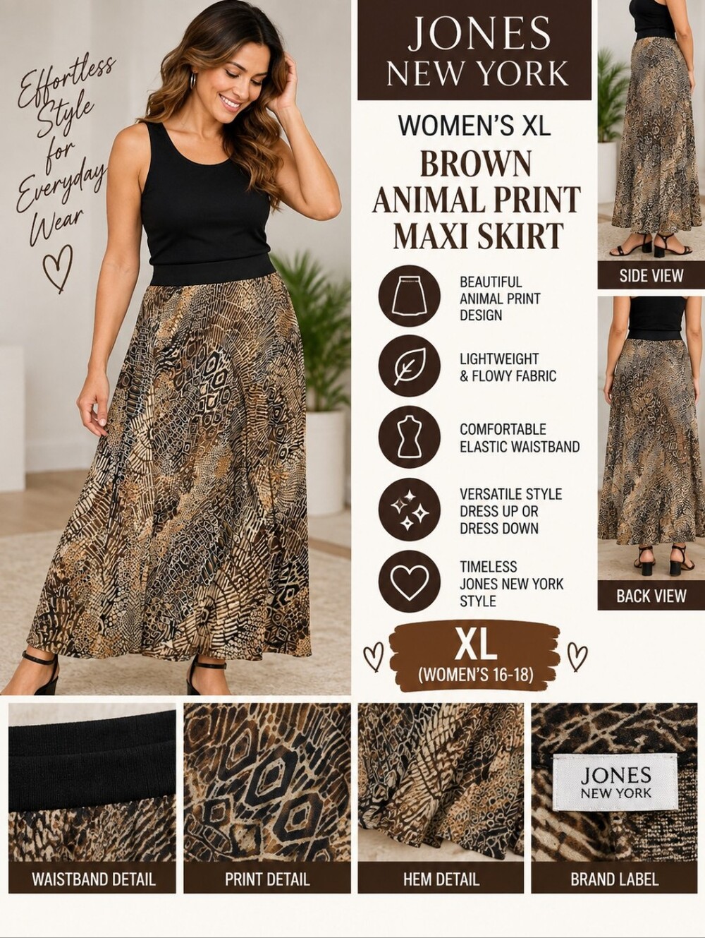 Jones new york Women's XL brown animal print maxi skirt #34